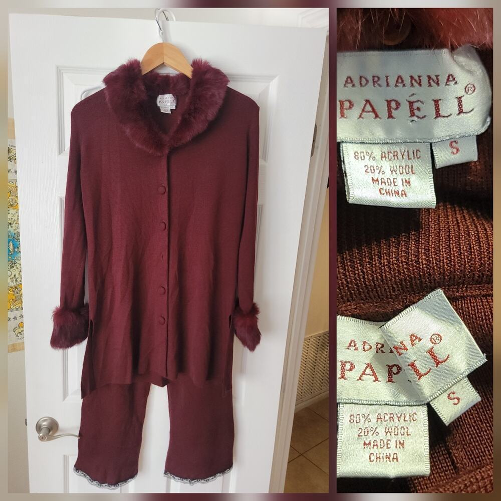 Adrianna Papell Burgundy Matching Set S Wool Blend Top Straight Leg Pant Outfit